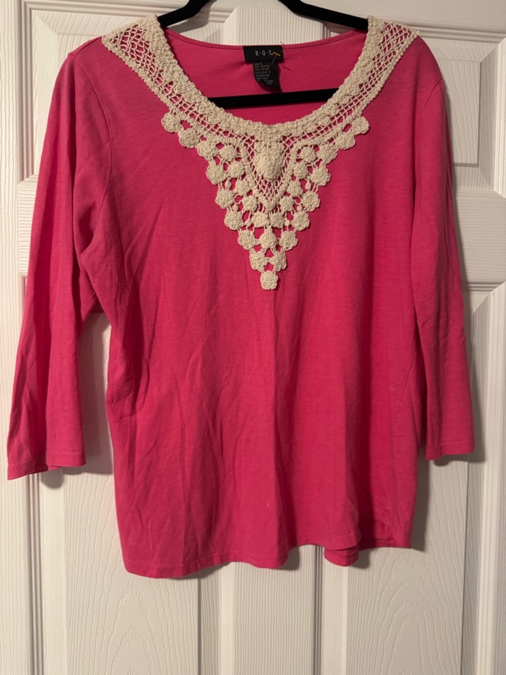 R.O.I.Y. Pink Long-Sleeve Top with Cream Crochet V-Neck